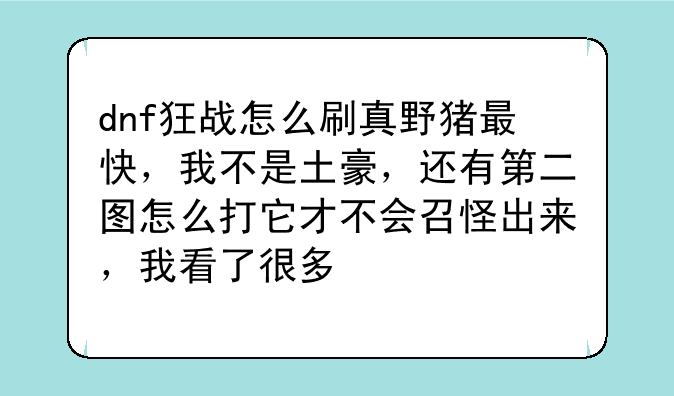 dnf狂战怎么刷真野猪最快，我不是土豪，还有第二图怎么打它才不会召怪出来，我看了很多